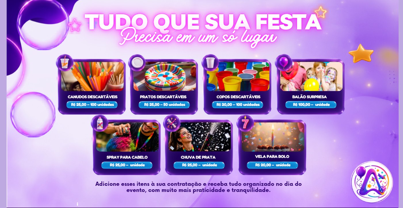 Itens para a festa: canudos R$ 25 por 100 unidades, pratos R$ 25 por 50, copos R$ 20 por 100, balão surpresa R$ 100, spray para cabelo R$ 25, chuva de prata R$ 25 e vela para bolo R$ 20.