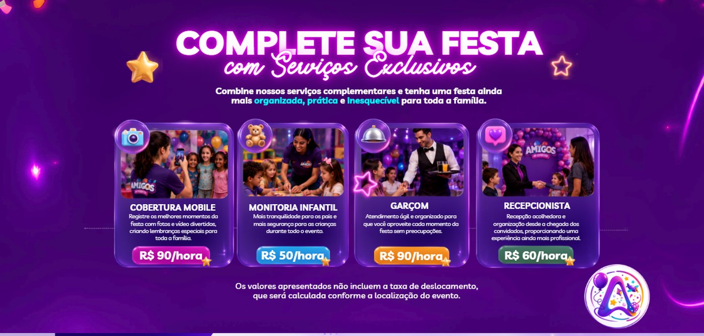 Serviços exclusivos por hora: cobertura mobile R$ 90, monitoria infantil R$ 50, garçom R$ 90, recepcionista R$ 60. Os valores não incluem a taxa de deslocamento.